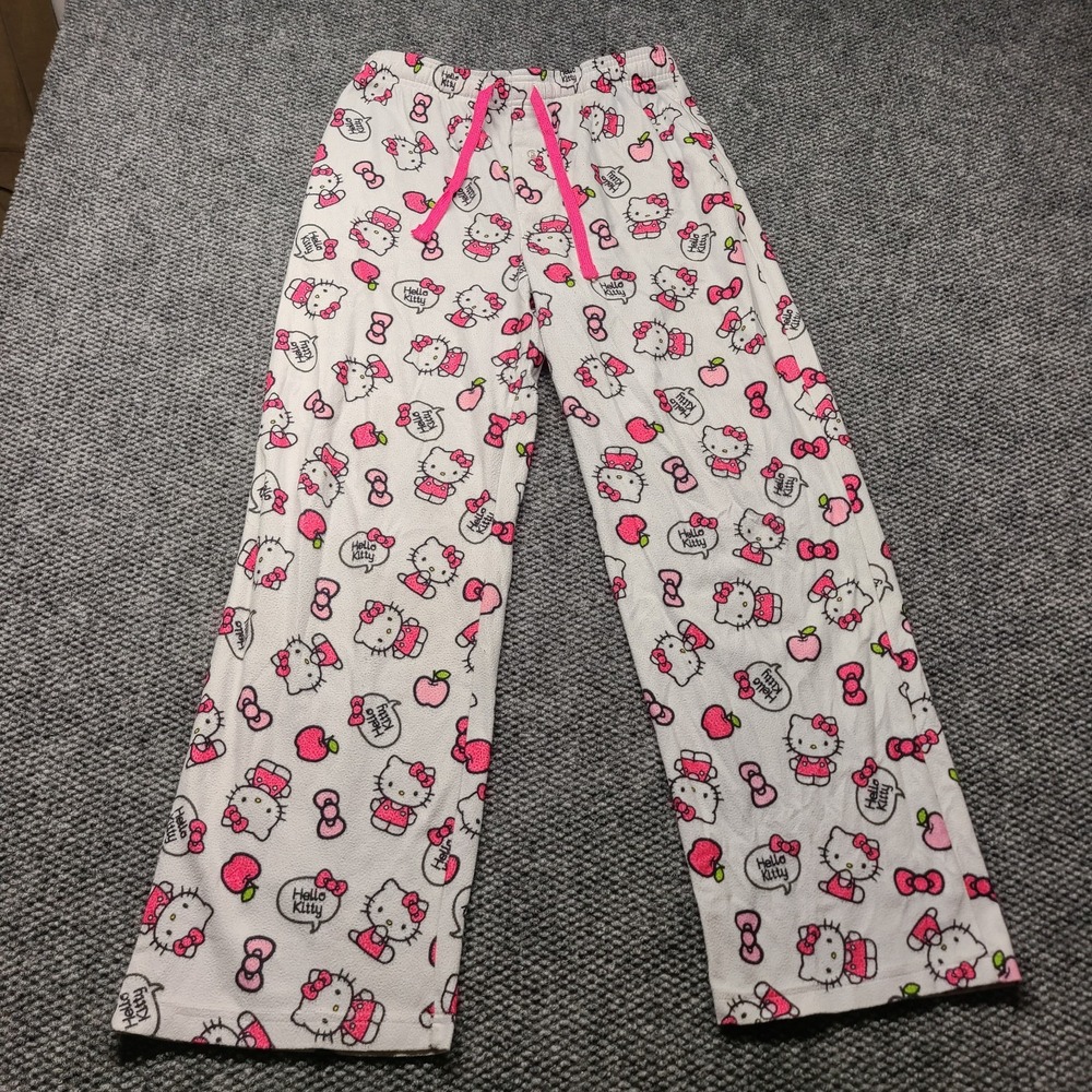 Hello Kitty Pajama Sleep Pants Women's S/M White Pink Bow Apple Print Fleece